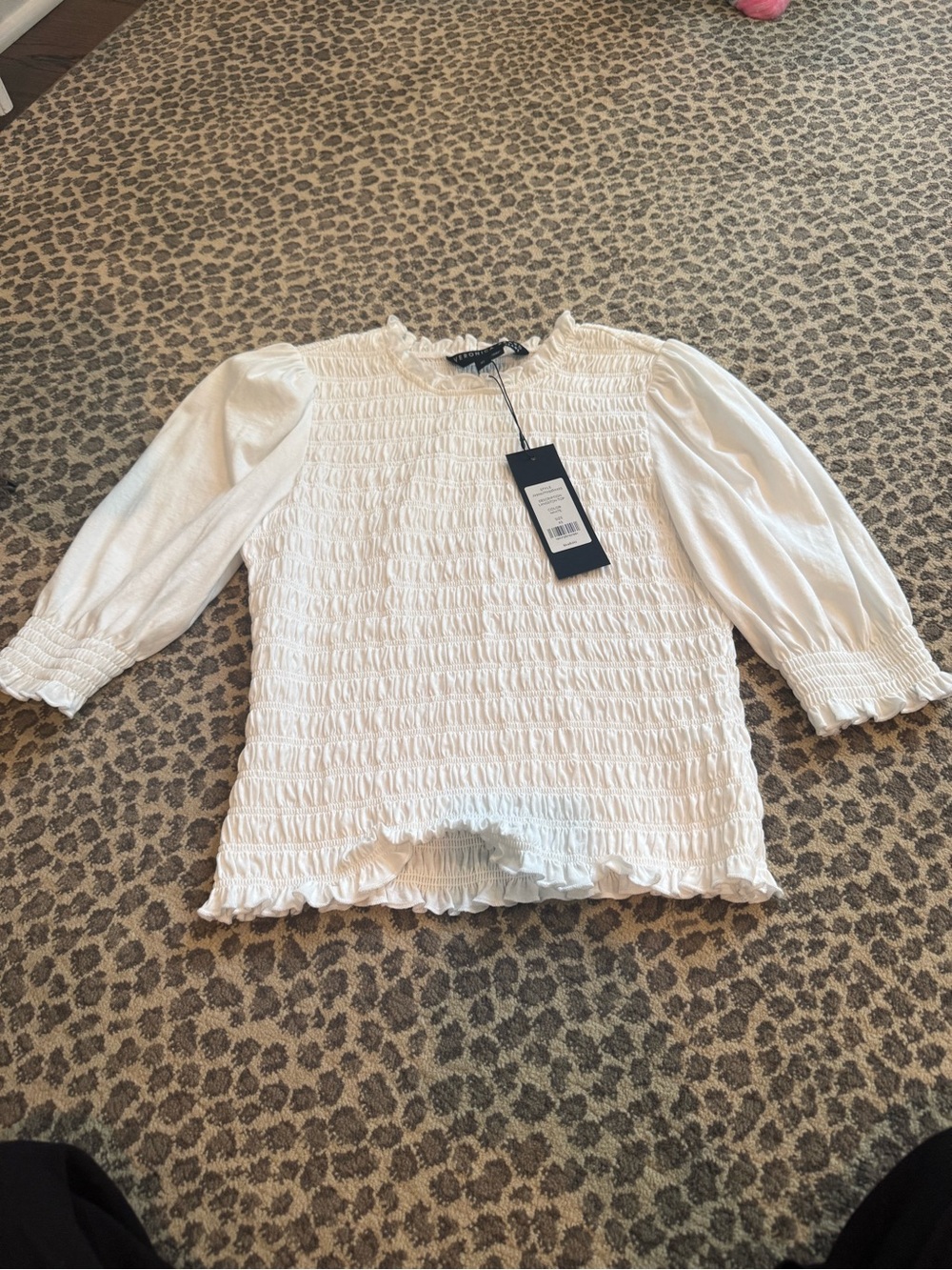 Veronica Beard White Smocked Puff-Sleeve Blouse